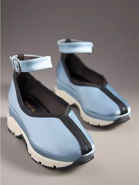 All Black Light Blue Ankle-Strap Platform Sneakers with Black Trim new in box